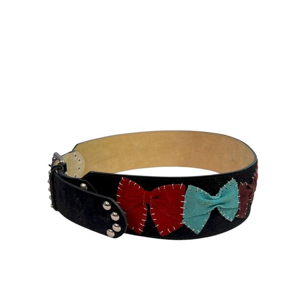Betsey Johnson Black Suede Wide Bow Belt w/ Multicolor Bows & Studding, Size S main image 6